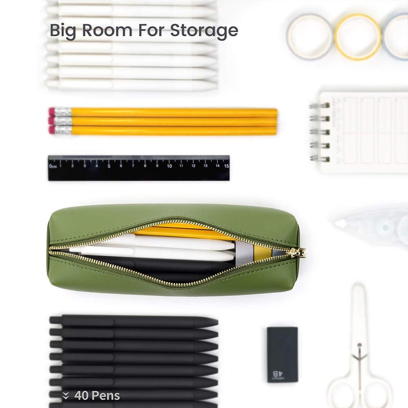 DOBMIT PU Pencil Pen Case Portable Stationery Bag Big Capacity Pencil Pouch Cosmetic Organizer Bag for Adult- Green - Image 2