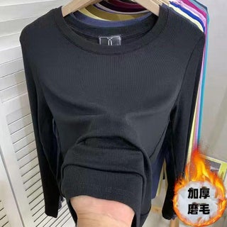 2024 new European autumn and winter plus size round neck thin velvet brushed long sleeve T-shirt womens chubby girl slim base shirt top Black [thick brushed] - pzsku/ZA61A0FCA6567A045DAC9Z/45/1750435144/4db6f206-3896-4bff-b344-05e8ac8356f4