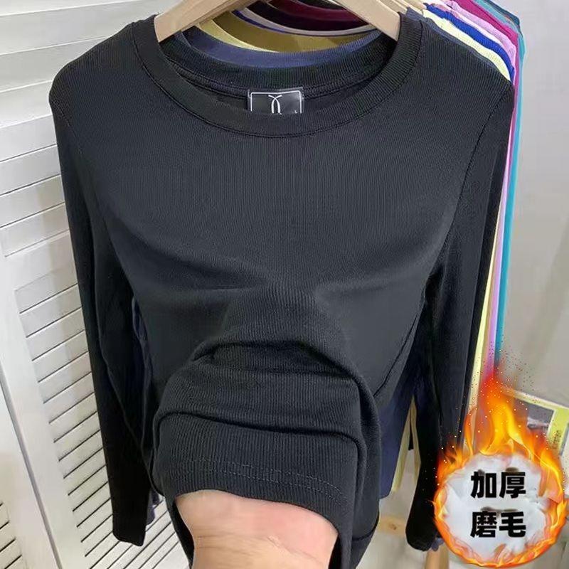 2024 new European autumn and winter plus size round neck thin velvet brushed long sleeve T-shirt womens chubby girl slim base shirt top Black [thick brushed]