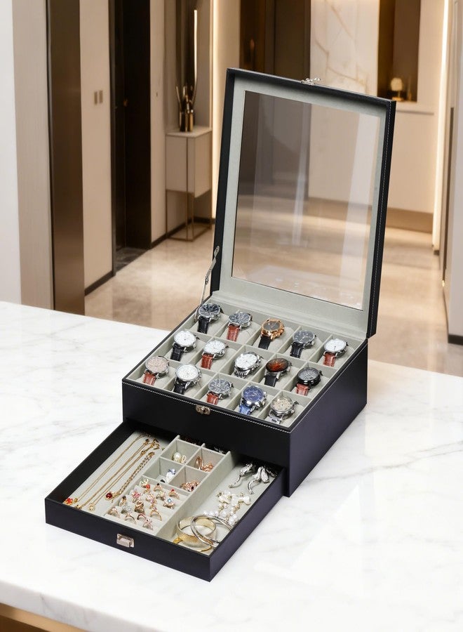 AUTOARK Premium 2-Layer Watch Box Organizer with Lock,Holds 15 Watches + Jewelry,Drawer for Rings Earrings Bracelets,Large Glass Lid,Soft PU Leather,Gift for Men Women,Black,MKAW-137 - Image 5