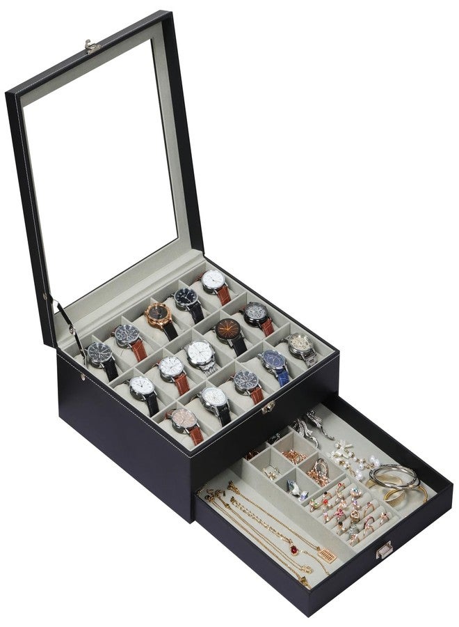 AUTOARK Premium 2-Layer Watch Box Organizer with Lock,Holds 15 Watches + Jewelry,Drawer for Rings Earrings Bracelets,Large Glass Lid,Soft PU Leather,Gift for Men Women,Black,MKAW-137 - Image 1