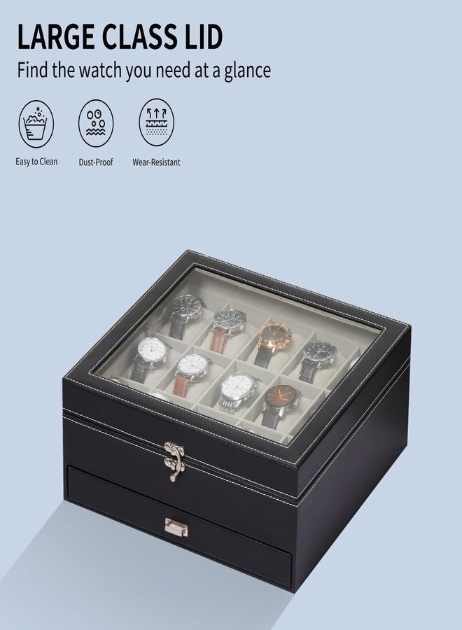 AUTOARK Premium 2-Layer Watch Box Organizer with Lock,Holds 15 Watches + Jewelry,Drawer for Rings Earrings Bracelets,Large Glass Lid,Soft PU Leather,Gift for Men Women,Black,MKAW-137 - Image 4