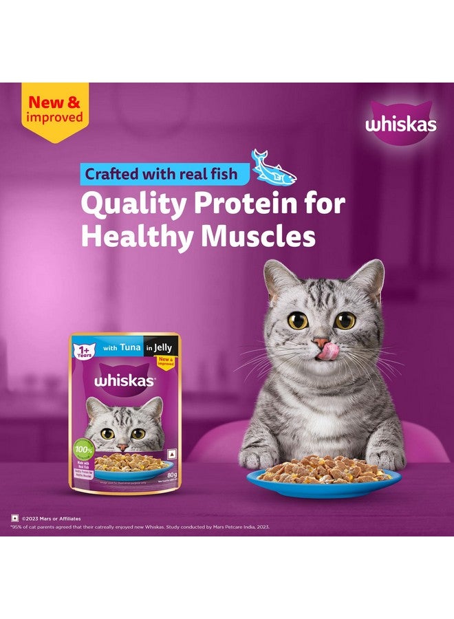 ويسكاس طعام القطط الرطب Whiskas Adult (1+ Years)، تونة في هلام، 80 جم، عبوة من 56 قطعة، طعام مرطب مصنوع من سمك حقيقي، تغذية كاملة ومتوازنة بنسبة 100% للقطط البالغة - Image 4