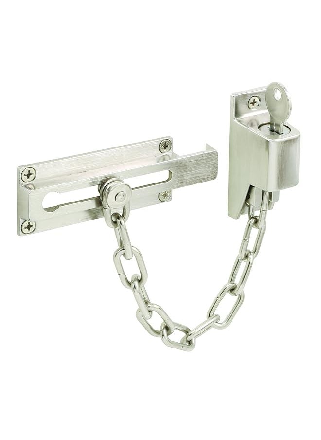 Prime-Line - Defender Security U 11093 Keyed Diecast Chain Door Guard 3 1/4 Inch Satin Nickel Finish - Image 1