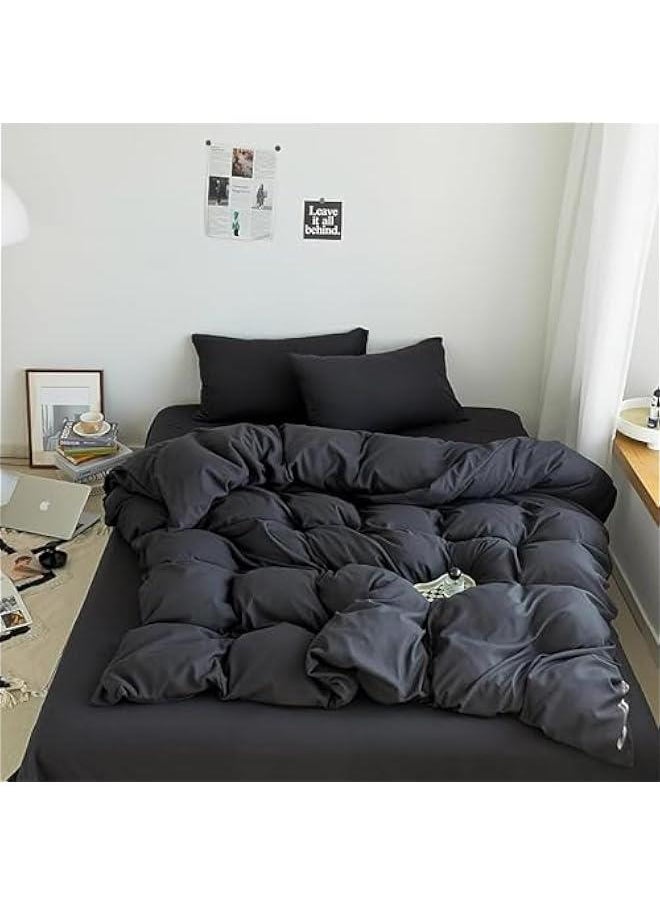 HOOKOR Cotton Duvet Cover Set, 4 Pieces Soft Brushed Microfiber Comforter Cover with Zipper Closure, Include 1 Duvet Cover 1 Flat Sheet and 2 Pillowcase (Black, 220x240cm)  - Image 1