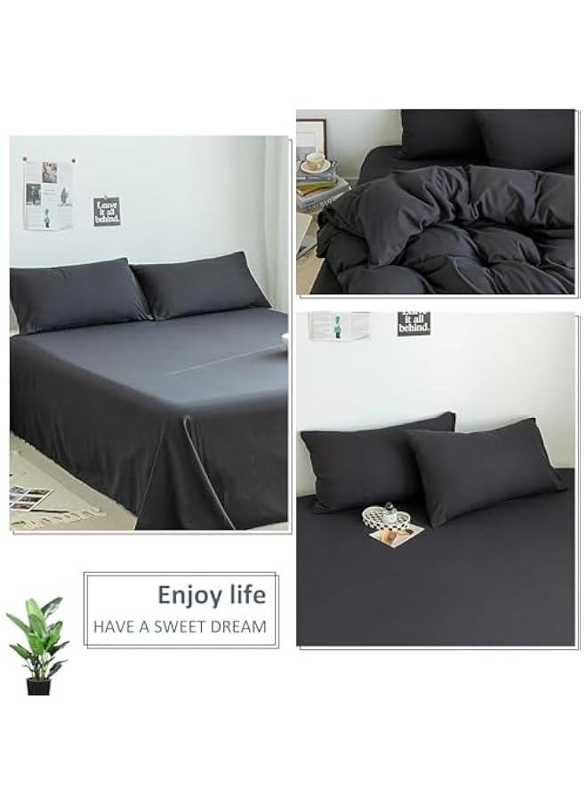 HOOKOR Cotton Duvet Cover Set, 4 Pieces Soft Brushed Microfiber Comforter Cover with Zipper Closure, Include 1 Duvet Cover 1 Flat Sheet and 2 Pillowcase (Black, 220x240cm)  - Image 3