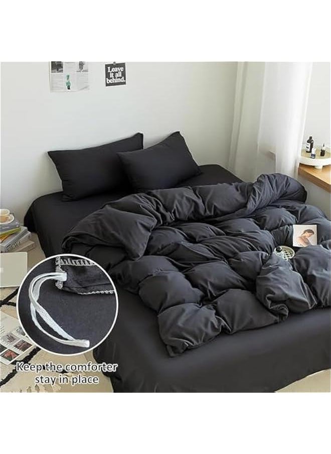 HOOKOR Cotton Duvet Cover Set, 4 Pieces Soft Brushed Microfiber Comforter Cover with Zipper Closure, Include 1 Duvet Cover 1 Flat Sheet and 2 Pillowcase (Black, 220x240cm)  - Image 4