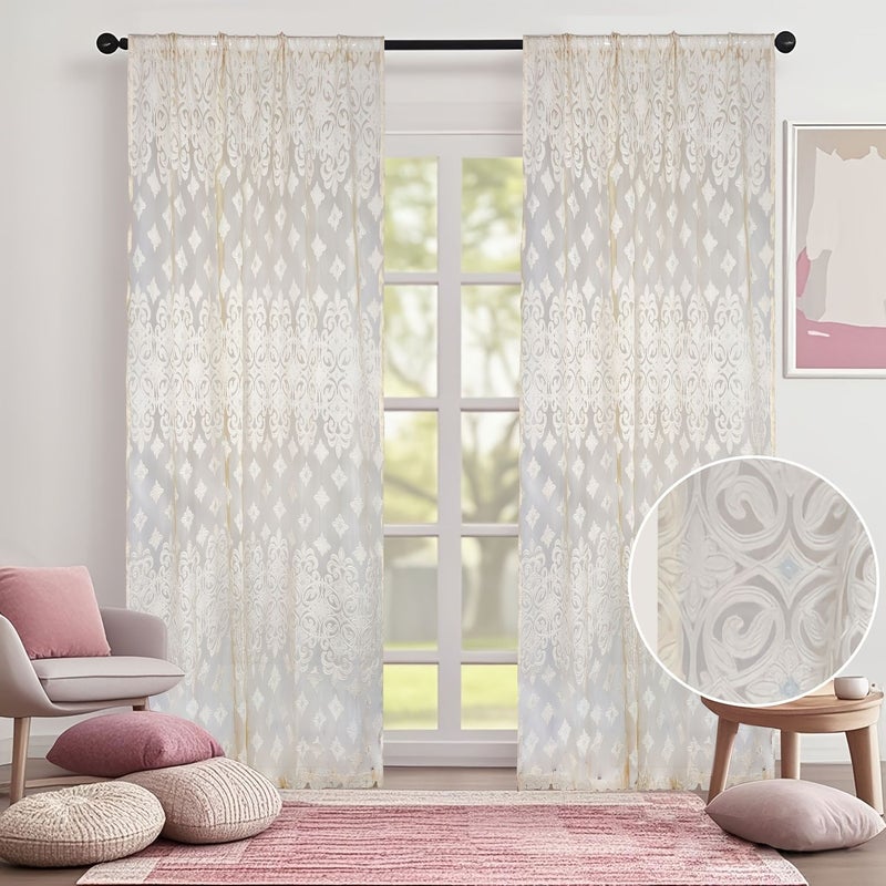 Baroque Diamond Voile Curtain W79 x L102 Inch Rod Pocket Lightweight Machine Washable European Vintage Door Window Home Decor - Image 1