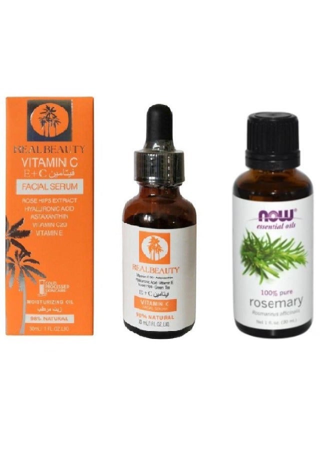 Now Essential Oils Rosemary Essential Oil Clear 30ml and Pieces Vitamin C Hyaluronic Acid Facial Serum Clear 30ml - Image 1