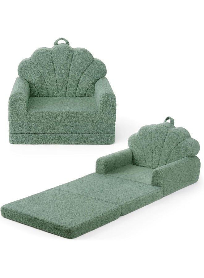 L&E Kids Couch, 2-in-1 Soft Toddler Couch Fold Out, Toddler Chair Comfy, Convertible Sofa to Lounger, Kids Furniture for Playroom, Gift for Birthday, Children's Day, Green Shell - Image 1