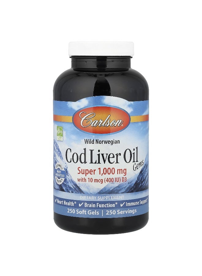 Carlson Carlson, Wild Norwegian, Cod Liver Oil Gems, 250 Soft Gels  - Image 1