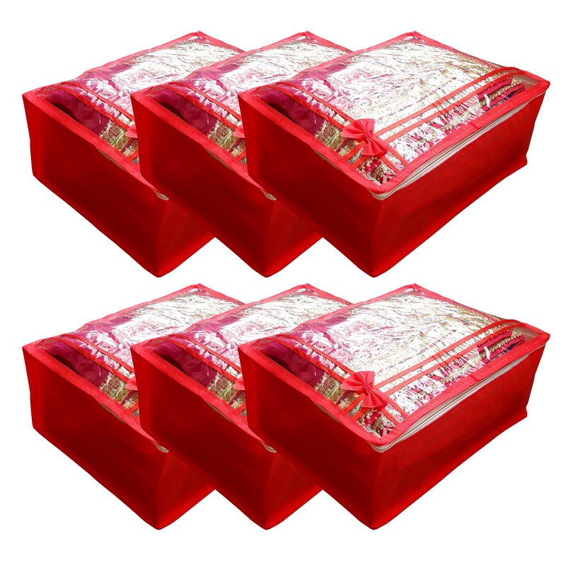 DIKHAWA Non Woven Transparent Top Saree Cover Bag, Cloth Cover Set for Storage with Zip (Set of 6_Red_43X33X18CM) - Image 1