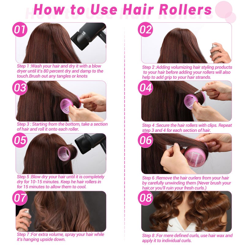 Acejoz Jumbo Hair Curlers Rollers, 12Pcs 60mm Jumbo Hair Roller Curlers Self Grip Holding Rollers with 12Pcs Hair Clips for Long Straight Thick Hair (Rose Red) - Image 3