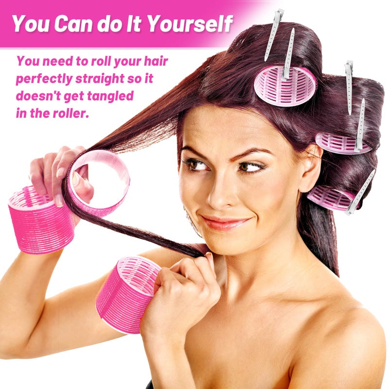 Acejoz Jumbo Hair Curlers Rollers, 12Pcs 60mm Jumbo Hair Roller Curlers Self Grip Holding Rollers with 12Pcs Hair Clips for Long Straight Thick Hair (Rose Red) - Image 5