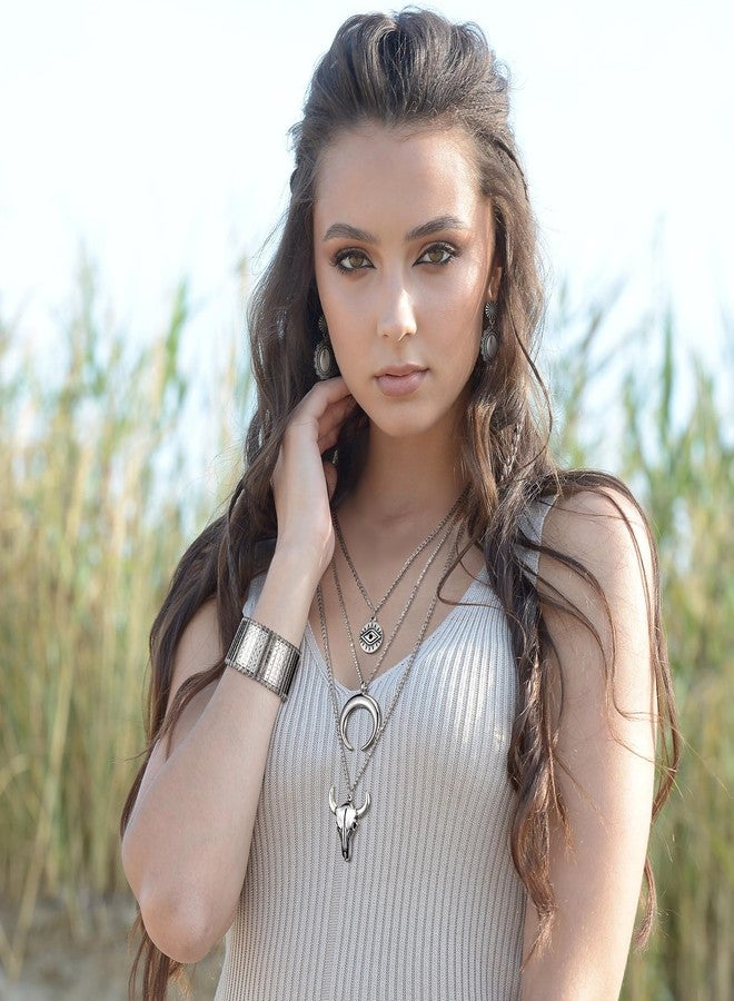 Inbagi 3 Pcs Boho Western Jewelry for Women Layered Necklace Cowboy Cowgirls Western Women's Necklace Silver Bracelet and Dangle Earrings - Image 2