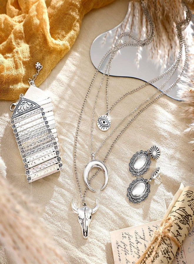 Inbagi 3 Pcs Boho Western Jewelry for Women Layered Necklace Cowboy Cowgirls Western Women's Necklace Silver Bracelet and Dangle Earrings - Image 4