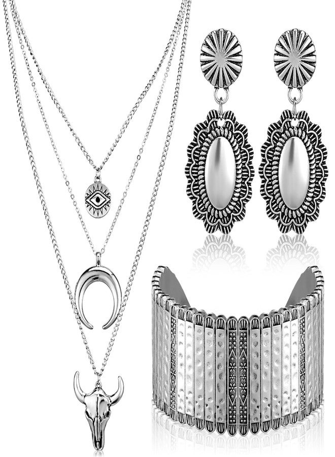 Inbagi 3 Pcs Boho Western Jewelry for Women Layered Necklace Cowboy Cowgirls Western Women's Necklace Silver Bracelet and Dangle Earrings - Image 1