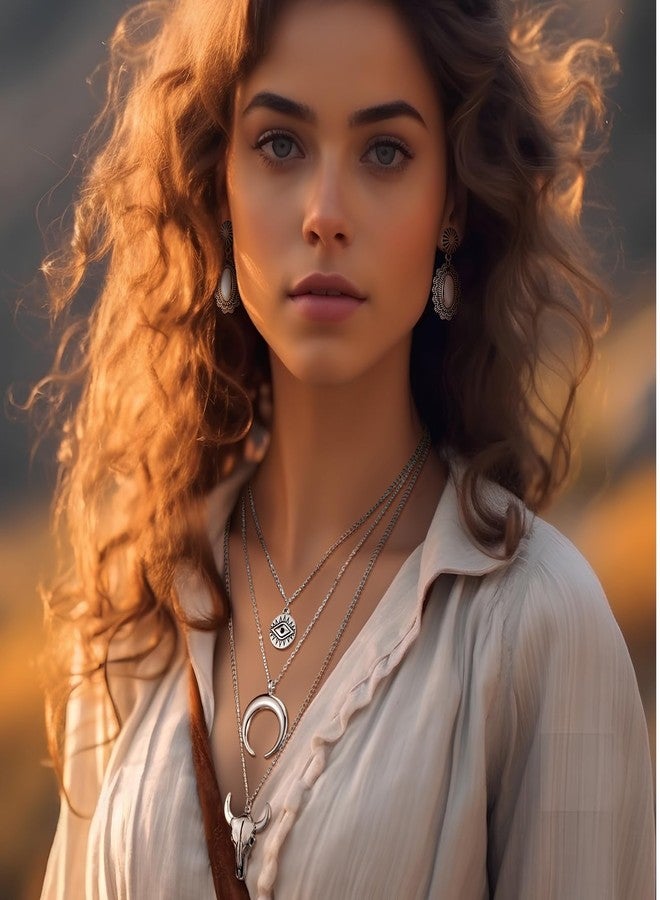 Inbagi 3 Pcs Boho Western Jewelry for Women Layered Necklace Cowboy Cowgirls Western Women's Necklace Silver Bracelet and Dangle Earrings - Image 5