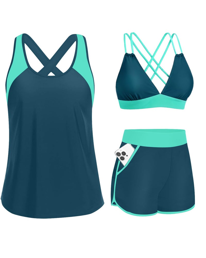 Daci Teal and Green Women 3 Piece Tankini Swimsuits - Tummy Control Tank Top with Bra Modest Bathing Suit with Pockets Boyshorts Bottom 2026 L - Image 1