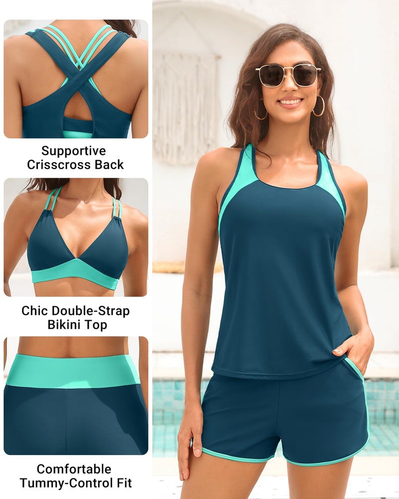 Daci Teal and Green Women 3 Piece Tankini Swimsuits - Tummy Control Tank Top with Bra Modest Bathing Suit with Pockets Boyshorts Bottom 2026 L - Image 4