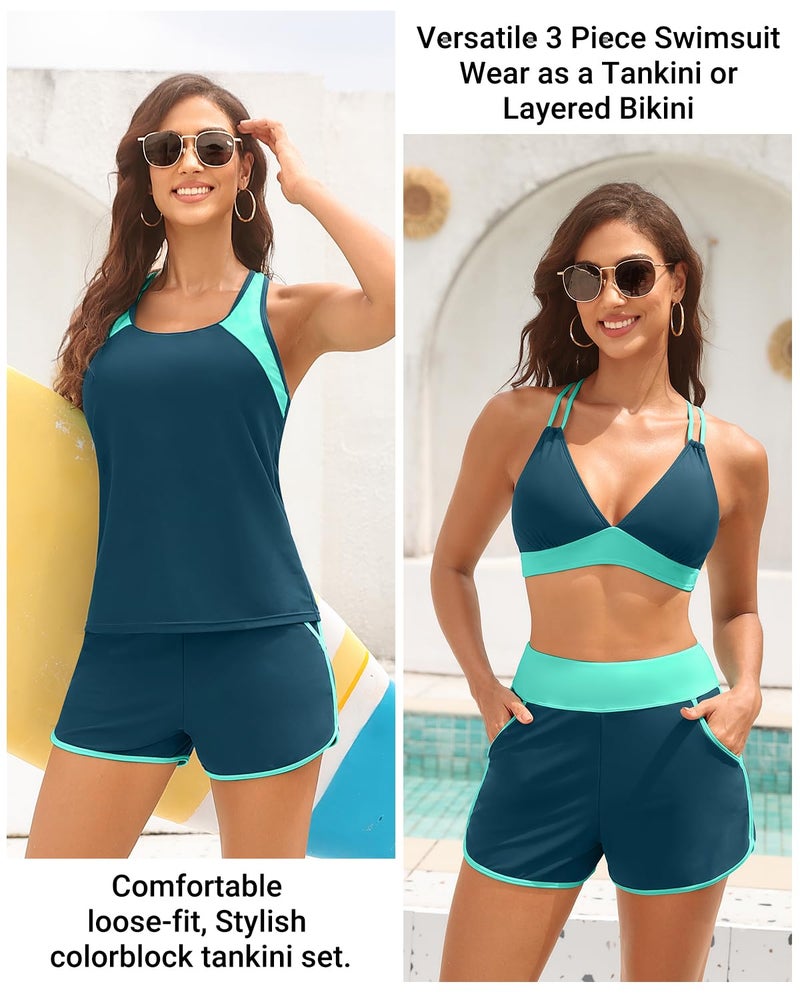 Daci Teal and Green Women 3 Piece Tankini Swimsuits - Tummy Control Tank Top with Bra Modest Bathing Suit with Pockets Boyshorts Bottom 2026 L - Image 5