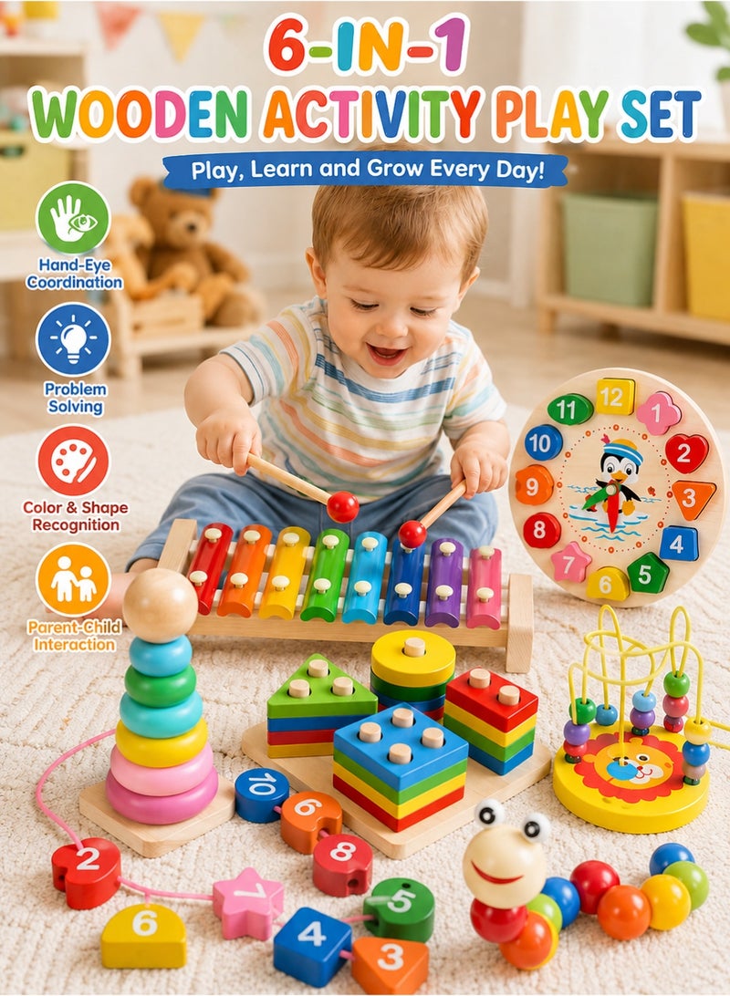 VarioNest 6-in-1 Montessori Wooden Activity Play Set – Educational Learning Toys for Toddlers Kids Age 3 4 5 6, Xylophone Stacking Sorting Shape Clock Bead Maze, Birthday Gift for Boys Girls - Image 1