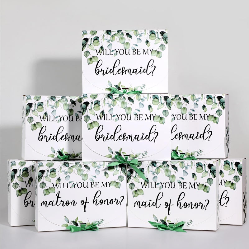 Marspark 8 Pack Bridesmaid Proposal Boxes with Lids 787 x 106 Inch Bridesmaid Proposal Gifts Cardboard Gift Box with Ribbon for Wedding Bridal Packaging Birthday Party SuppliesGreenery Style