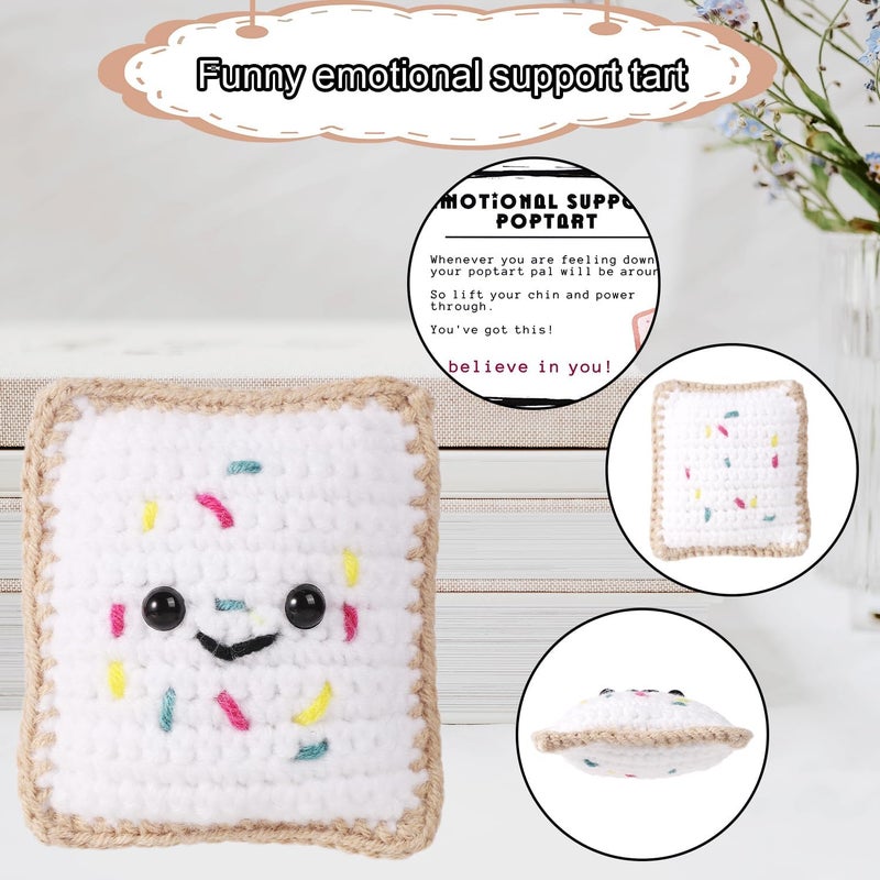 lasuroa Emotional Support Pop Tart, Handmade Funny Positive Food Crochet Toy with Inspirational Card Knitted Knitting Toast Doll Cute Cheer up Tart Gift Reduce Pressure for Women Men Decoration (White) - Image 3