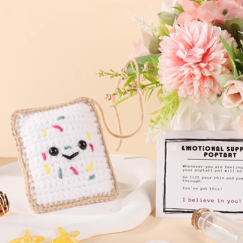 lasuroa Emotional Support Pop Tart, Handmade Funny Positive Food Crochet Toy with Inspirational Card Knitted Knitting Toast Doll Cute Cheer up Tart Gift Reduce Pressure for Women Men Decoration (White) - Image 4