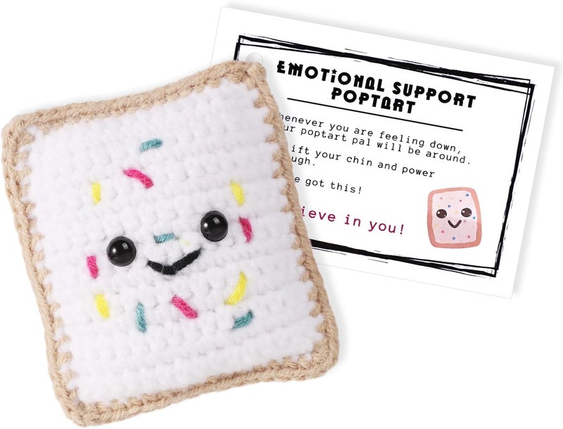 lasuroa Emotional Support Pop Tart, Handmade Funny Positive Food Crochet Toy with Inspirational Card Knitted Knitting Toast Doll Cute Cheer up Tart Gift Reduce Pressure for Women Men Decoration (White) - Image 1