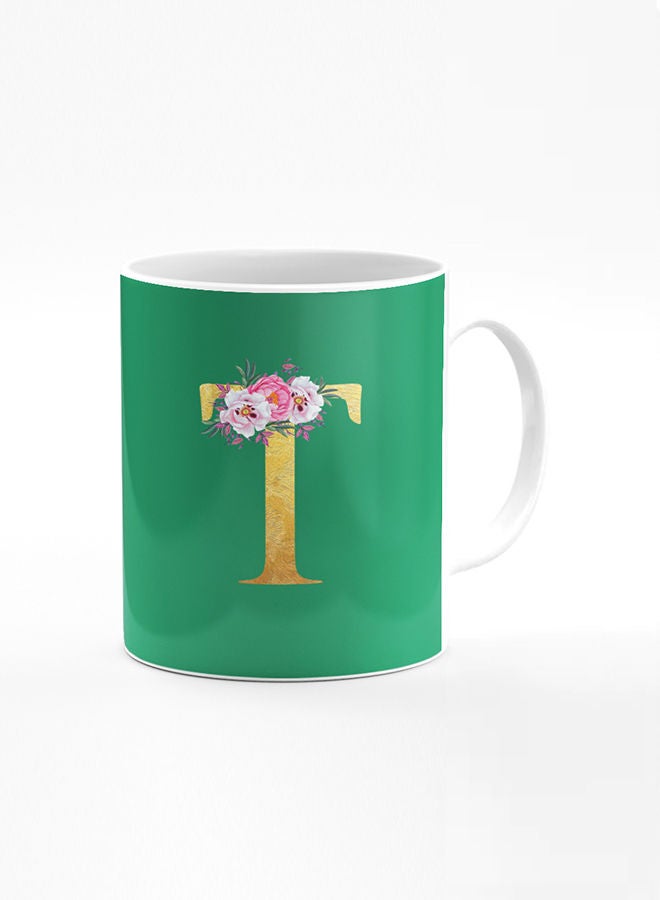 Stylizedd Designer Printed Coffee Mug 11oz Ceramic Personalised Gift Mugs Cup -Custom Monogram Initial Letter Floral Pattern Alphabet - T (Dark Spring Green)  - Image 1