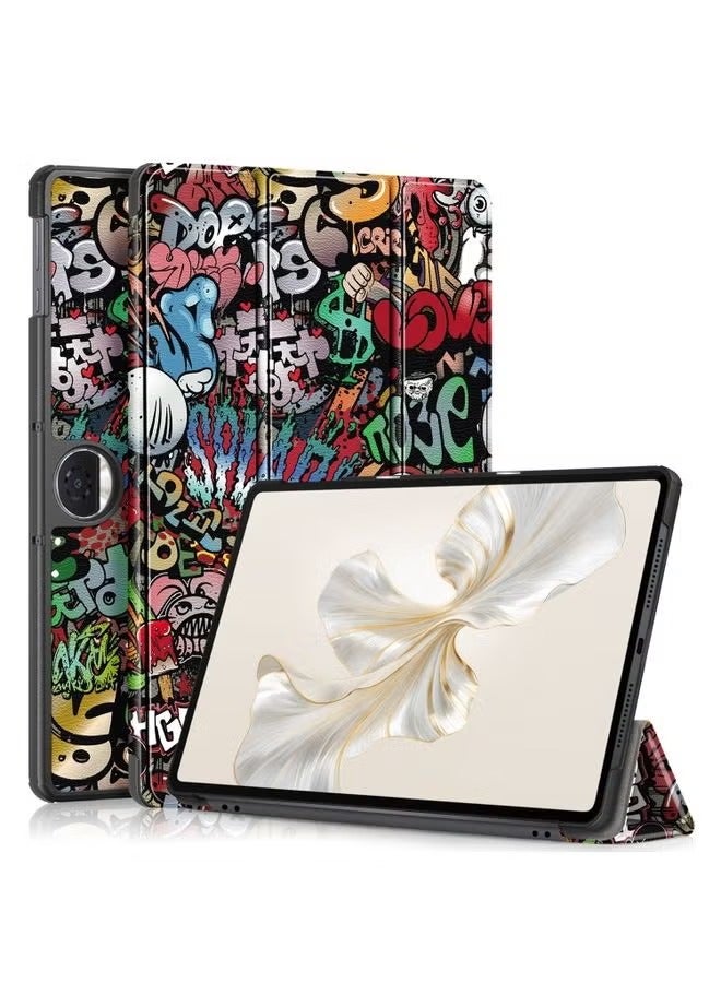 بروماس غطاء حماية لجهاز Honor Pad 9 مصنوع من الجلد المطلي بثلاثة طيات بتصميم جرافيتي