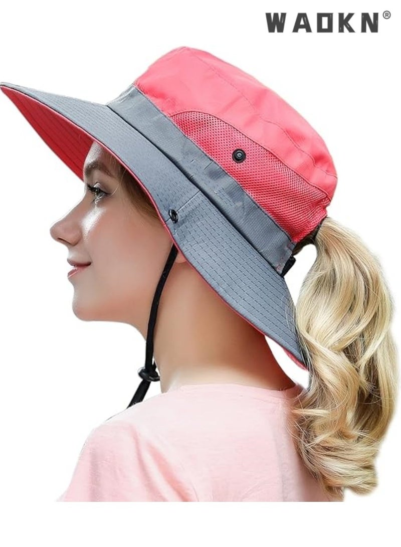 WAOKN Women's Outdoor Summer Sun Hat UV Protection Mesh Wide Brim Foldable Beach Fishing Hats with Ponytail Hole for Summer Beach Fishing Hiking - Image 4