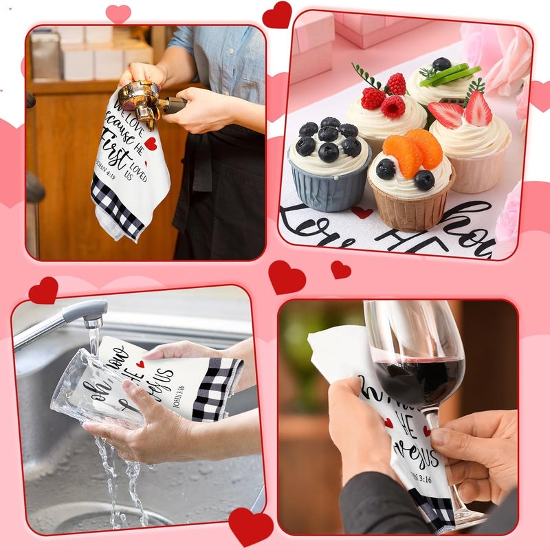 Macarrie 2 Pcs Buffalo Plaid Valentine Kitchen Towels Christian Gifts Oh How He Loves Us Rustic Kitchen Towels Dish Religious Valentines Decor Jesus Gifts for Women - Image 4