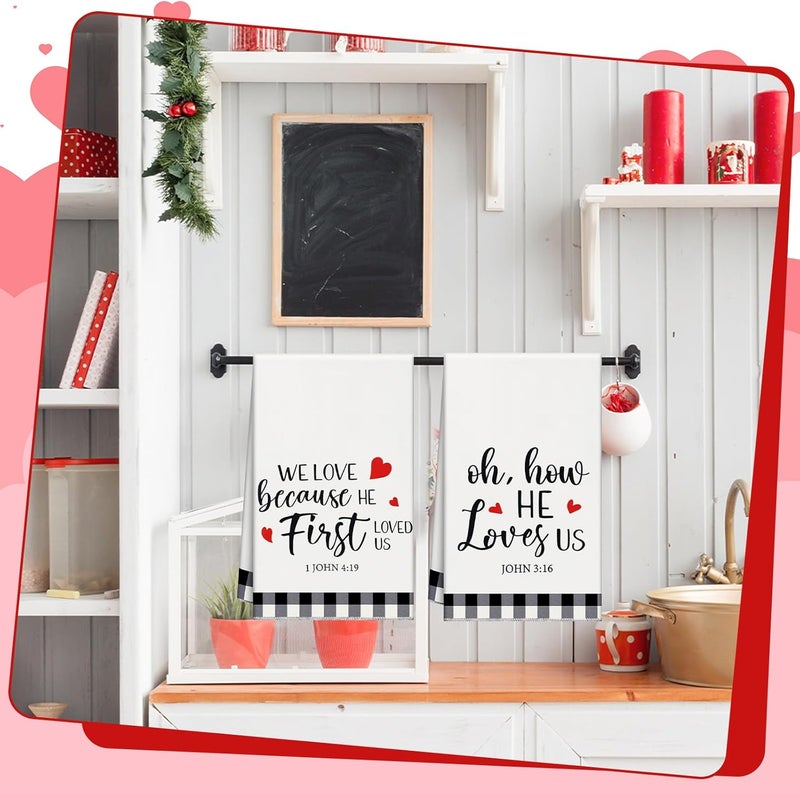 Macarrie 2 Pcs Buffalo Plaid Valentine Kitchen Towels Christian Gifts Oh How He Loves Us Rustic Kitchen Towels Dish Religious Valentines Decor Jesus Gifts for Women - Image 5