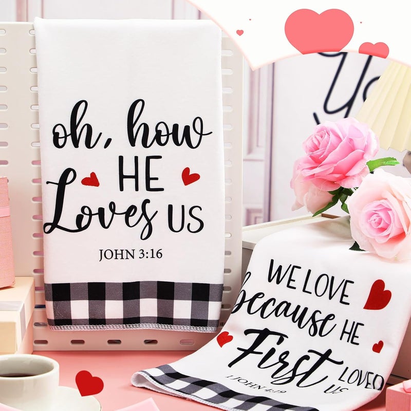 Macarrie 2 Pcs Buffalo Plaid Valentine Kitchen Towels Christian Gifts Oh How He Loves Us Rustic Kitchen Towels Dish Religious Valentines Decor Jesus Gifts for Women - Image 3
