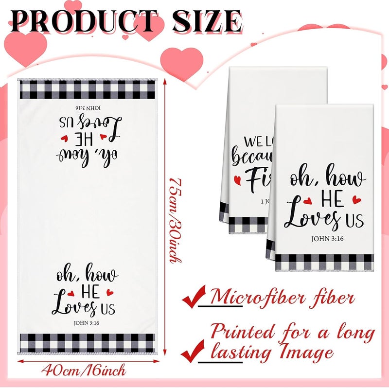 Macarrie 2 Pcs Buffalo Plaid Valentine Kitchen Towels Christian Gifts Oh How He Loves Us Rustic Kitchen Towels Dish Religious Valentines Decor Jesus Gifts for Women - Image 2