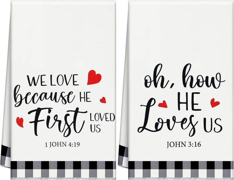 Macarrie 2 Pcs Buffalo Plaid Valentine Kitchen Towels Christian Gifts Oh How He Loves Us Rustic Kitchen Towels Dish Religious Valentines Decor Jesus Gifts for Women - Image 1