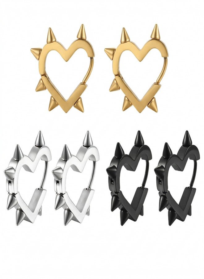 Bmpzery 3Pcs Heart Hoop Earrings, Goth Heart Earrings, Punk Stainless Steel Hoops for Women, Lightweight Hypoallergenic Statement Jewelry - Image 1