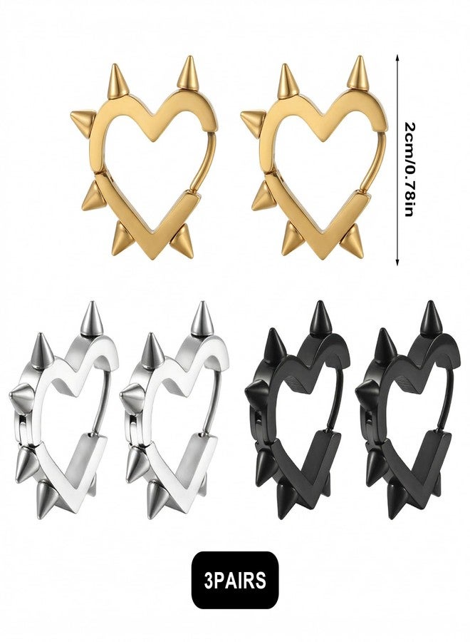 Bmpzery 3Pcs Heart Hoop Earrings, Goth Heart Earrings, Punk Stainless Steel Hoops for Women, Lightweight Hypoallergenic Statement Jewelry - Image 2