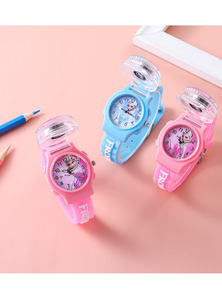 New blue Frozen cartoon flip children's watch (cover can be rotated)