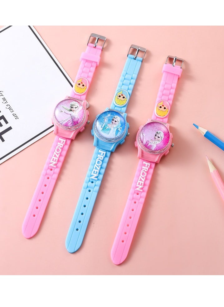 New blue Frozen cartoon flip children's watch (cover can be rotated)