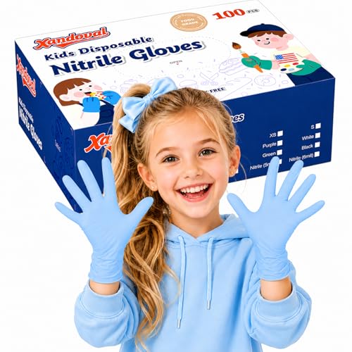 Xandoval Kids Disposable Gloves for 3-8 Years, 5Mil Blue Nitrile Gloves with Latex-Free and Powder-Free, Durable and Protective for Work, Cleaning, Cooking, Gardening (XS,100PCS) - Image 1