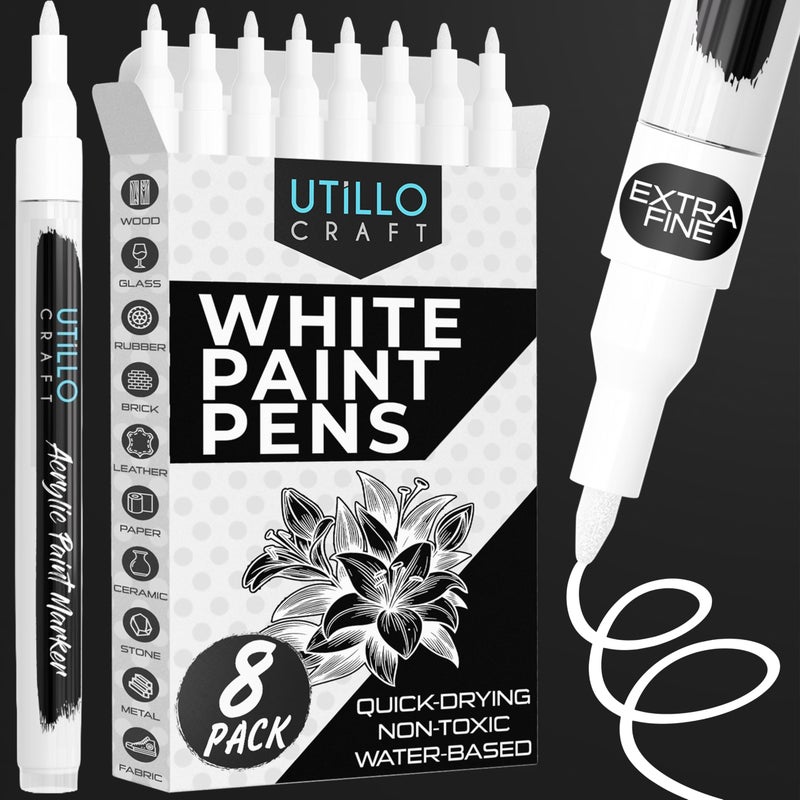 Utillo Craft White Paint Pen 8Pack for Rock Painting Wood Glass Tire Canvas Metal Fabric Extra Fine 07mm Tip Made in Japan Bold Color Acrylic White Paint Markers Perfect Art DIY Gift