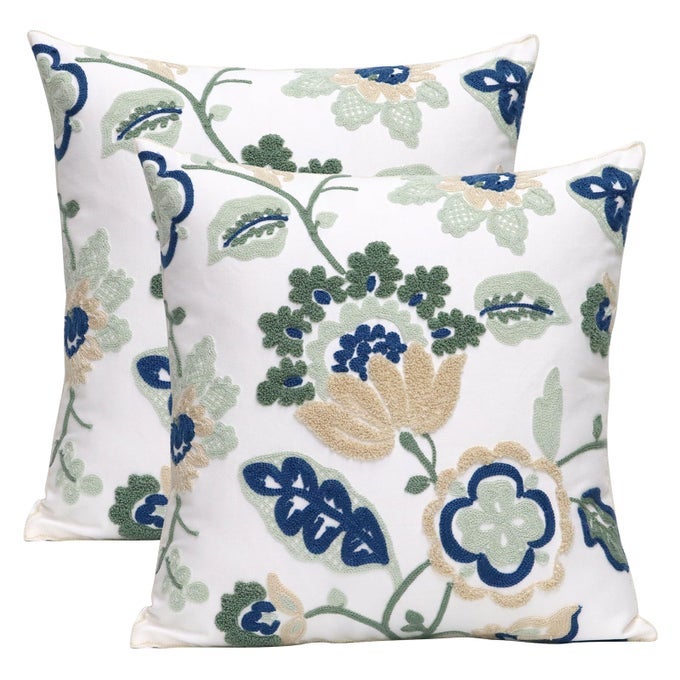 PACK OF 2 EMBROIDERED DECORATIVE THROW PILLOW COVER 18X18 INCH FARMHOUSE FLORAL PILLOWCASE FOR LIVING ROOM SOFA BED DRAGON FLOWERA