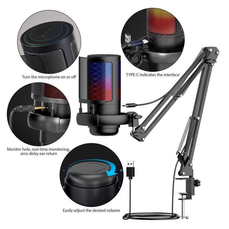 Gaming Microphone USB Microphone Set for PC Condenser Mic Gain Control Colorful Atmosphere Lighting with Anti-spray Net and Arm Stand Plug and Play for Streaming Podcast Recording - Image 4