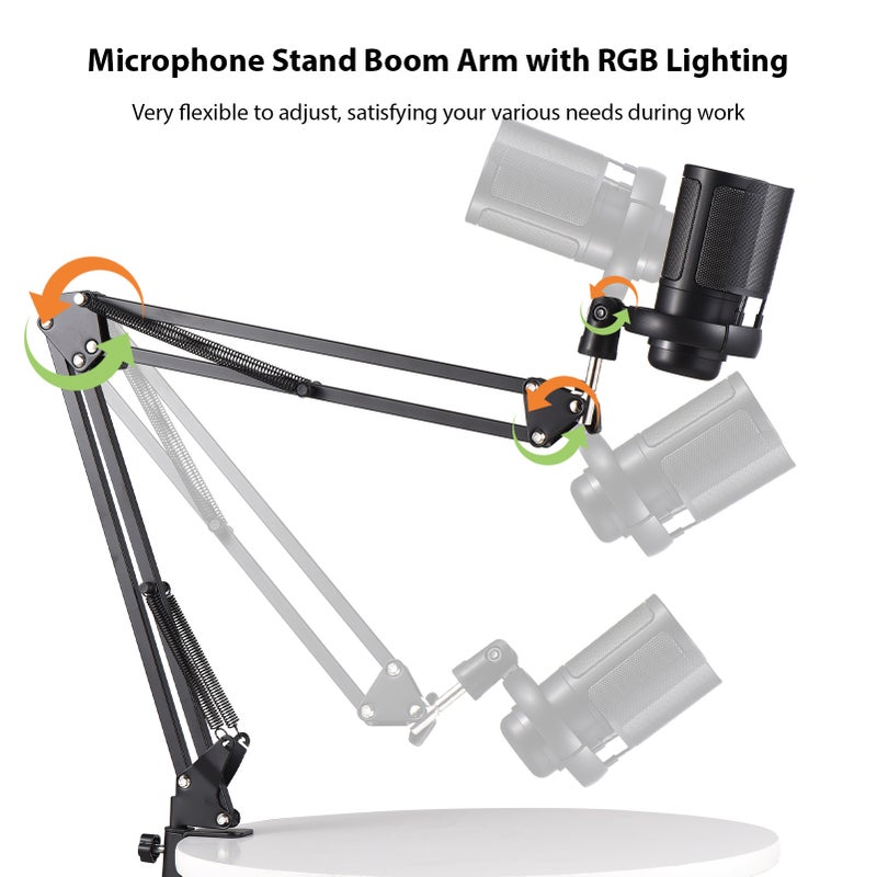 Gaming Microphone USB Microphone Set for PC Condenser Mic Gain Control Colorful Atmosphere Lighting with Anti-spray Net and Arm Stand Plug and Play for Streaming Podcast Recording - Image 2