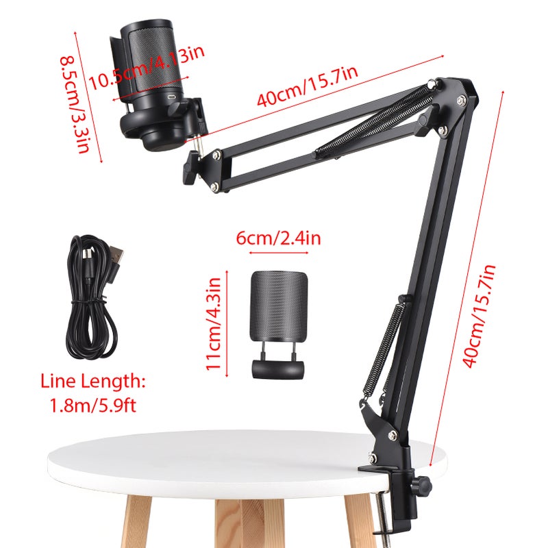 Gaming Microphone USB Microphone Set for PC Condenser Mic Gain Control Colorful Atmosphere Lighting with Anti-spray Net and Arm Stand Plug and Play for Streaming Podcast Recording - Image 3