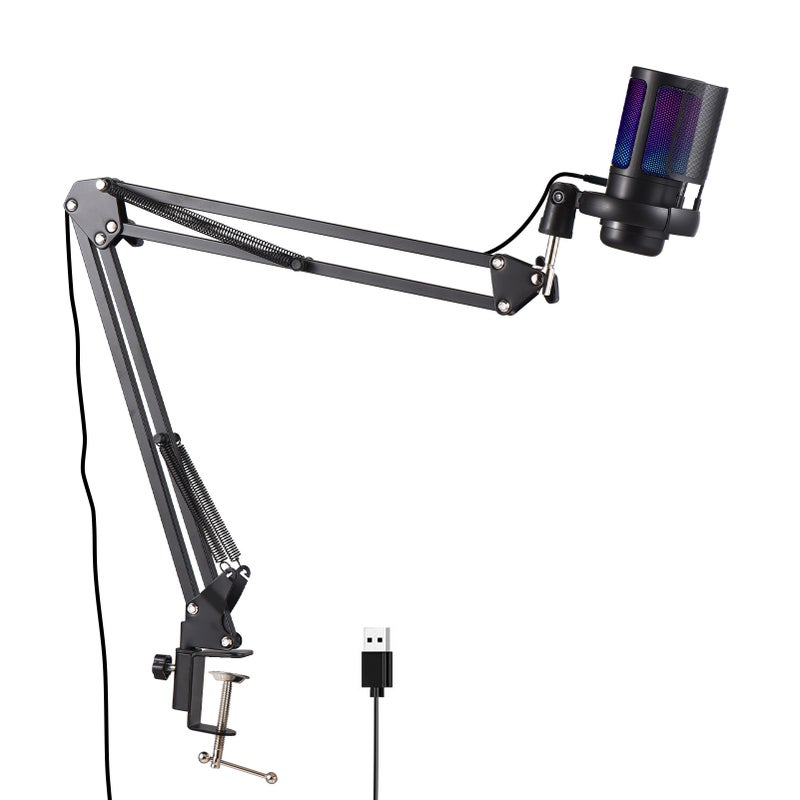 Gaming Microphone USB Microphone Set for PC Condenser Mic Gain Control Colorful Atmosphere Lighting with Anti-spray Net and Arm Stand Plug and Play for Streaming Podcast Recording - Image 1