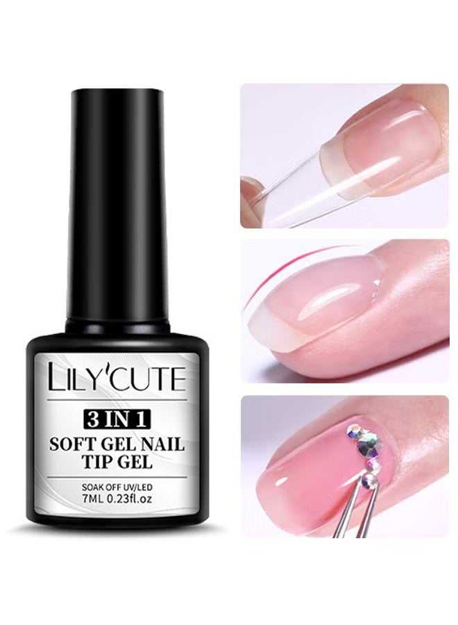 LILYCUTE 3 IN 1 Soft Gel Tip Adhesive, Soak Off UV/LED, Nail Glue Gel, Long Lasting Extension Glue for Clear Nail Tips and Clear Press on Nails, Nail Repair Treatment, Salon Art DIY at Home Need U V Light Cured 7ML - Image 1